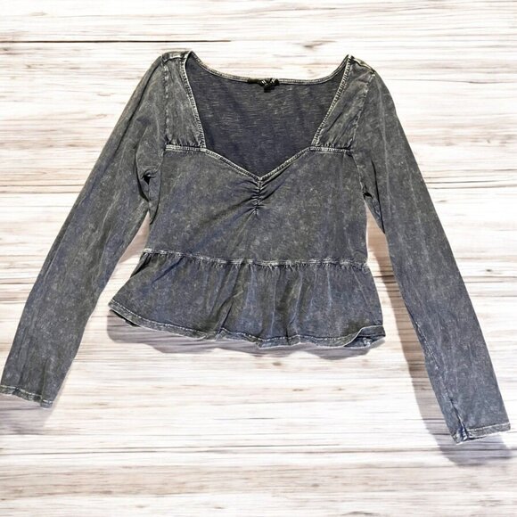 Roxy Womens Long-Sleeve Washed Blue Peplum Top Size S Cotton Blend - Picture 2 of 4